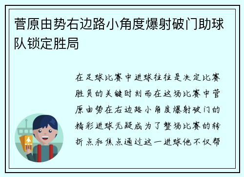 菅原由势右边路小角度爆射破门助球队锁定胜局 菅原由势右边路小角度爆射破门助球队锁定胜局