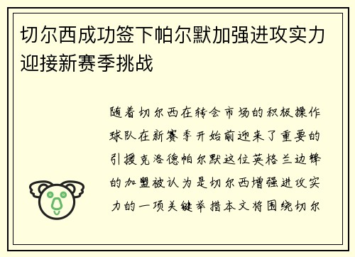 切尔西成功签下帕尔默加强进攻实力迎接新赛季挑战